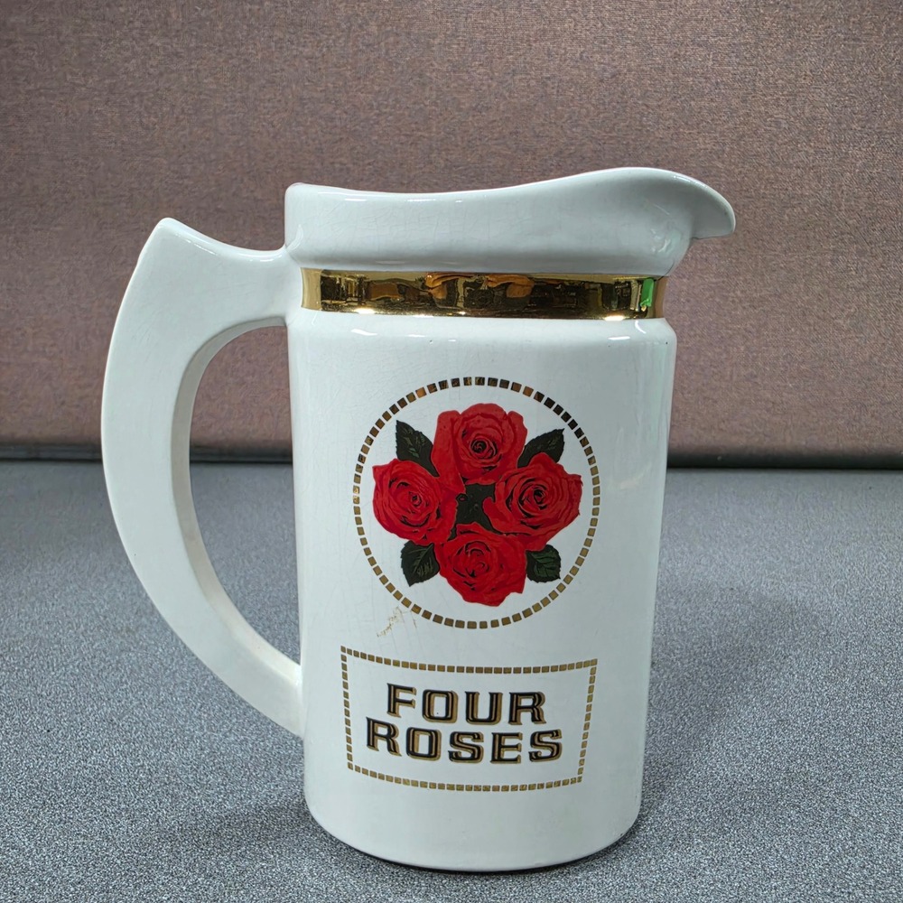 Four Roses Whiskey Water Pitcher White Good Vintage Gold Trim Ceramic